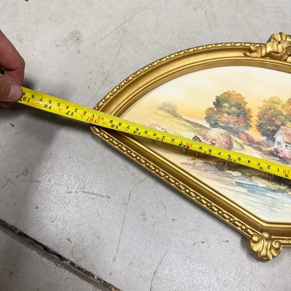VTG 1980’s Homco Fan Shaped Gold Frame Autumn Harvest Farm Picture Art 10